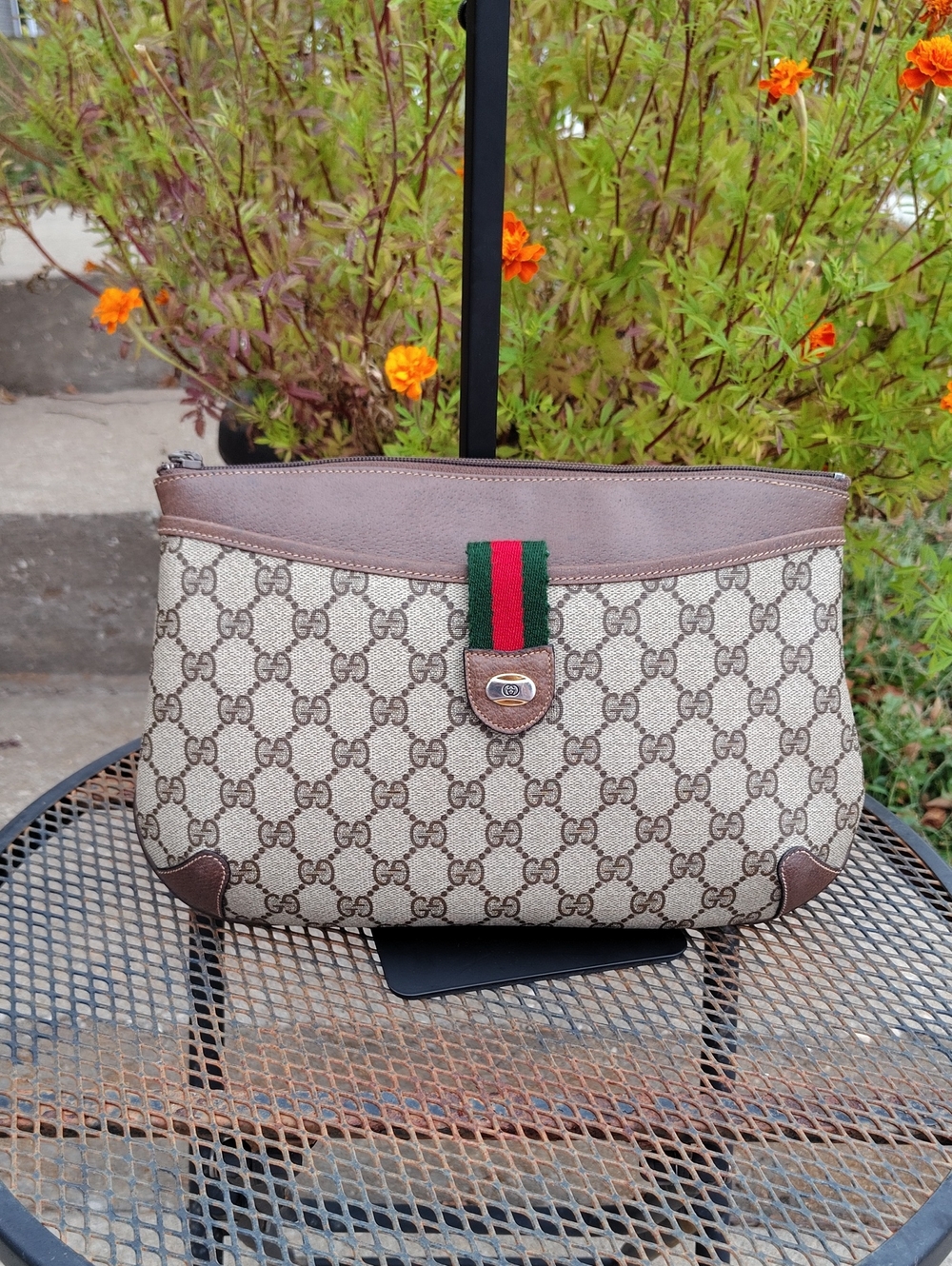 Vintage Gucci Crossbody Clutch Convertible Leather Sherry Line Monogram Bag 80s